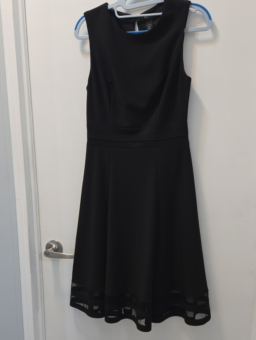 White House Black Market Black Sleeveless Fit-and-Flare Dress with Sheer Hem